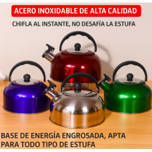 Tetera silbadora fabricada en acero inoxidable de alta calidad. Emite un silbido cuando el agua hierve para mayor seguridad. venta al por mayor 16397-1
