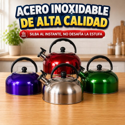 Tetera silbadora fabricada en acero inoxidable de alta calidad. Emite un silbido cuando el agua hierve para mayor seguridad 4L
