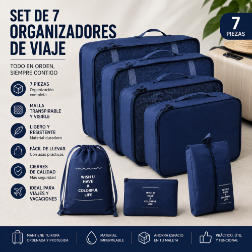 Set de Organizadores de Viaje 7 Piezas cubos con malla, bolsa con cordón y estuches para accesorios. Venta por mayoreo