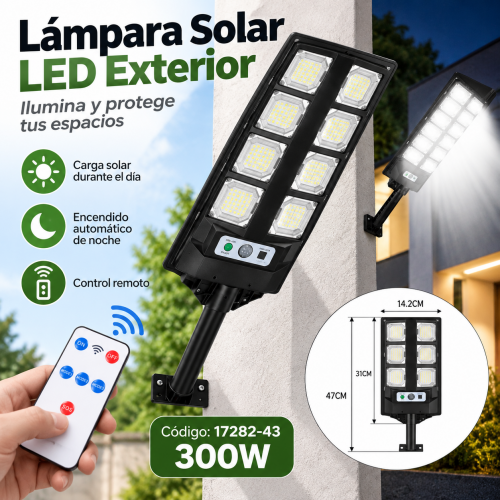 Luz Solar LED para Exteriores 300W 2 en 1 con Panel Integrado, Control Remoto y Encendido Automático del Anochecer al Amanecer - Por mayoreo 