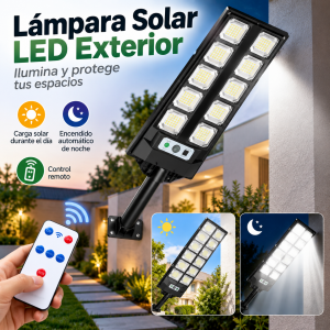 Lámpara solar LED exterior de 500W con control remoto, ideal para iluminación de espacios exteriores. Venta por mayoreo