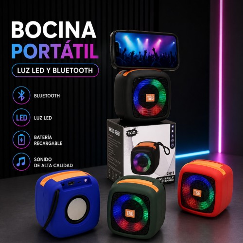 Bocina portátil Bluetooth cuadrada con luces LED RGB y soporte para celular –Con correa para transporte y batería recargable por USB. Por mayoreo 17578-2
