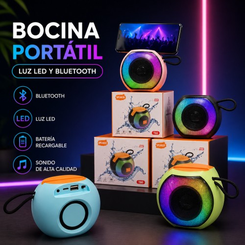 Bocina portátil Bluetooth con luces LED RGB recargable –Compatible con dispositivos móviles mediante conexión Bluetooth y recargable por USB. Perfecta para interiores y exteriores. Por mayoreo 17578-3