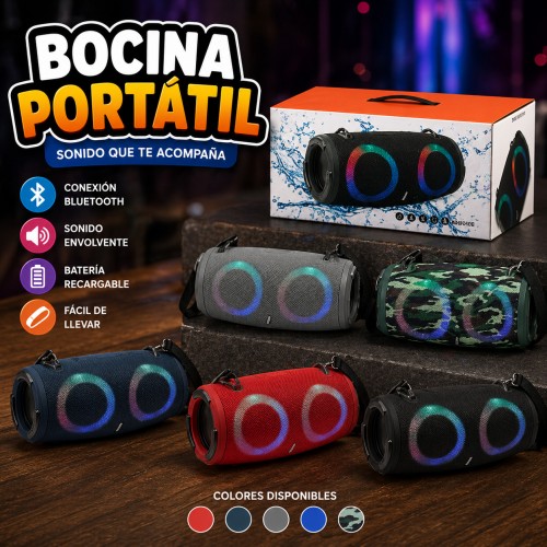 Bocina Bluetooth portátil con iluminación LED RGB integrada, ideal para reproducir música. recargable y conexión inalámbrica Bluetooth Por Mayoreo 17578-5 Bocina Bluetooth portátil con iluminación LED RGB integrada, ideal para reproducir música. recargable y conexión inalámbrica Bluetooth Por Mayoreo 17578-5