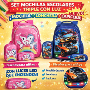 Set mochila escolar premium con luz, incluye mochila, lonchera y lapicera. Diseños infantiles llamativos variados, Venta por mayoreo. Mod. 190