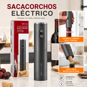 Destapa botellas de vino de forma práctica con sacacorchos eléctrico de diseño moderno y elegante, ideal para hogar, eventos y regalos. Venta por mayoreo