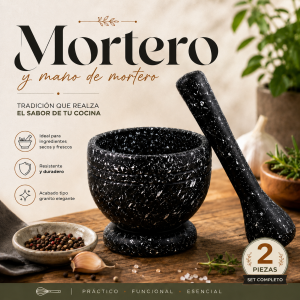 Set de mortero y mano de mortero de 2 piezas ideal para triturar y mezclar ingredientes en cocina. Venta por mayoreo
