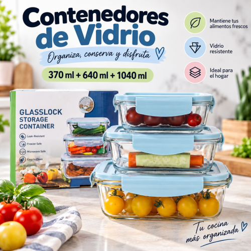 Set de Recipientes de Vidrio Herméticos 3 Piezas. Contenedores de Vidrio para Comida 370ml+640ml+1040ml- Por mayoreo Set de Recipientes de Vidrio Herméticos 3 Piezas. Contenedores de Vidrio para Comida 370ml+640ml+1040ml- Por mayoreo