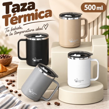 Taza térmica de 500 ml con asa, tapa y varios colores, ideal para disfrutar bebidas en casa u oficina. Venta por mayoreo