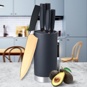 Juego de cuchillos dorados con base negra, acero inoxidable, mango ergonómico. Ideal para cocina elegante o regalo. Venta al por mayor 2007