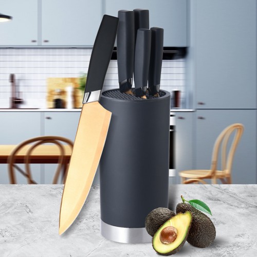 Juego de cuchillos dorados con base negra, acero inoxidable, mango ergonómico. Ideal para cocina elegante o regalo. Venta al por mayor 2007