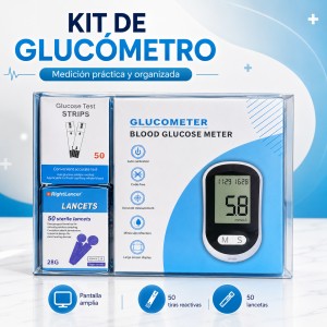 Kit de glucómetro con medidor digital, 50 tiras reactivas y 50 lancetas. Venta por mayoreo