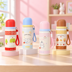 Termo Infantil de 600 ml con Cordón, Diseños de Caricatura y Colores Surtidos por Mayoreo