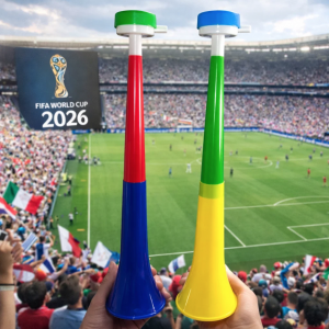 Trompeta de fiesta con manivela y diseño de 2 secciones, ideal para animar partidos, celebraciones y eventos deportivos de la Copa del Mundo 2026. Venta por mayoreo 2159-9