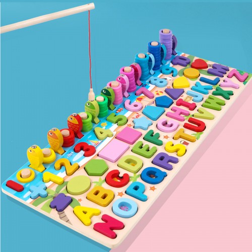 Tablero didáctico de madera multifuncional, con números, figuras, aros y pesca magnética, para aprendizaje y motricidad infantil, venta al por mayor, 2188B-19