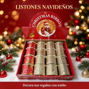 Listones navideños decorativos en diseños surtidos, ideales para envolver regalos, crear moños y decorar árboles, coronas y manualidades. Venta por mayoreo