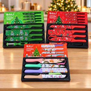 Set de cuchillos BALI de seis piezas en acero inoxidable, con diseños navideños y pelador incluido. Ideal para cocina y regalo. Venta por mayoreo