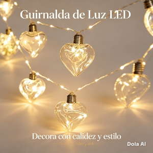 Guirnalda de luz LED con focos decorativos en forma de corazón y luz cálida, ideal para ambientar habitaciones, eventos y espacios especiales. Venta por mayoreo