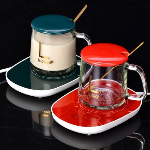 Taza de vidrio con tapa y cuchara + Calentador eléctrico para bebidas - venta al por mayor 2314TA