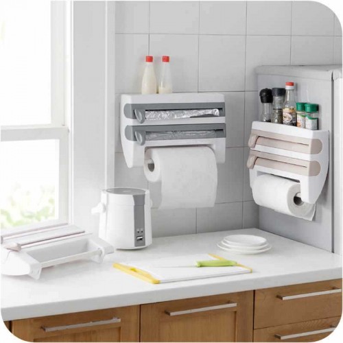 Soporte de cocina 4 en 1 para pared con dispensador de papel, película y especieros, práctico y compacto, venta por mayoreo 23521-1