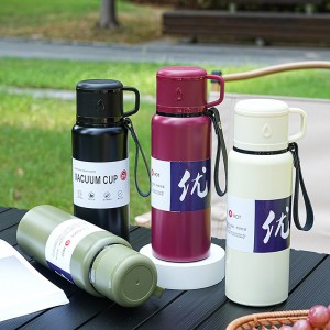 Termo de 600 ml con Tapa 2 en 1 Tipo Taza, Cordón y Colores Surtidos por Mayoreo