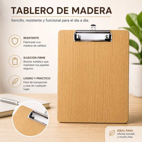 Portapapeles de Madera con Clip Metálico por Mayoreo