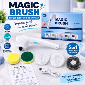 Cepillo eléctrico de limpieza Magic Brush con 5 accesorios visibles, ideal para limpieza de distintas superficies. Venta por mayoreo