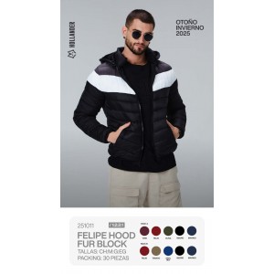 Chamarra acolchada para hombre con capucha y diseño en bloques. Térmica, ligera y cómoda. Ideal para frío intenso. Venta al por mayor  251011