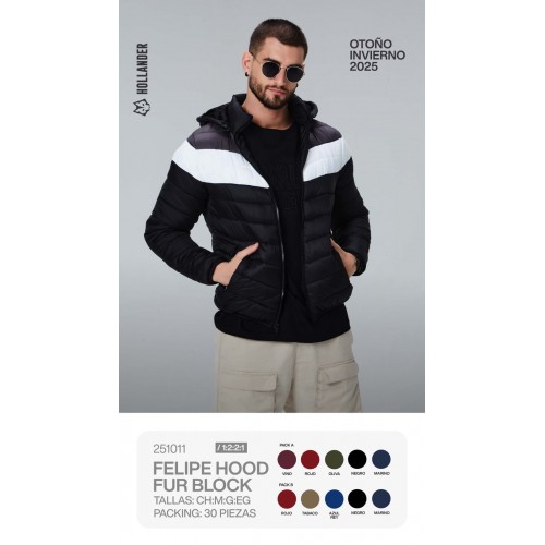 Chamarra acolchada para hombre con capucha y diseño en bloques. Térmica, ligera y cómoda. Ideal para frío intenso. Venta al por mayor  251011