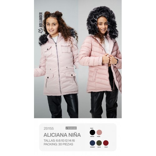 Chamarra acolchada para niña con gorro forrado en peluche. Ideal para otoño-invierno, ligera, calientita y cómoda Doble vista.  Gorro desmontable.  Venta al por mayor 251155 