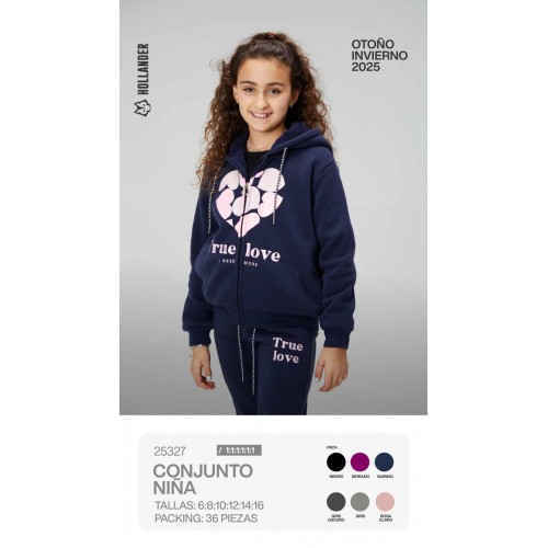 Conjunto para niña con diseño “True Love”. Sudadera con cierre y pants cómodos ideales para Otoño-Invierno 2025. Sudadera con Forro cálido .  Venta al por mayor 25327