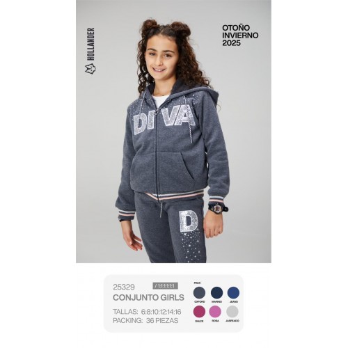 Conjunto para niña con sudadera “DIVA” y pants cómodos. Ideal para temporada Otoño-Invierno 2025 Sudadera con Forro cálido .   Venta al por mayor 25329 