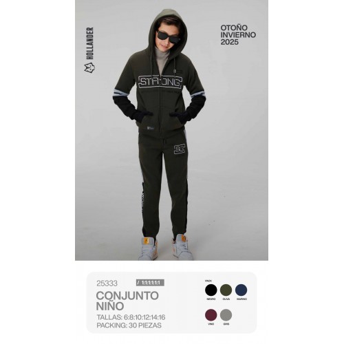 Conjunto deportivo para niño  incluye sudadera con gorro y pants cómodos. Ideal para temporada otoño-invierno. Sudadera con Forro cálido .   Venta al por mayor 25333 