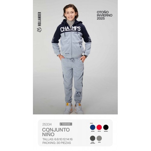 Conjunto deportivo para niño . Incluye sudadera con cierre y pants cómodos. Ideal para Otoño-Invierno 2025. Sudadera con Forro cálido .  Venta al por mayor  25334