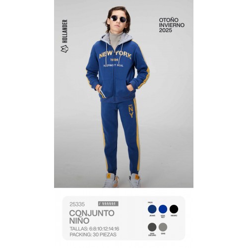Conjunto deportivo para niño modelo 25335, incluye sudadera con gorro y pants térmicos estilo New York. Sudadera con Forro cálido  Venta al por mayor 25335