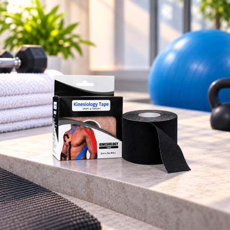Cinta kinesiológica elástica de algodón disponible en color piel, negro y azul, ideal para uso deportivo y soporte muscular 5x5cm. Venta por mayoreo