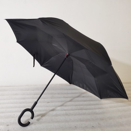 Paraguas sombrilla color negro liso con mango en forma de C al por mayor 258603