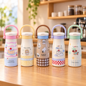 Termo Infantil de 500 ml con Doble Boquilla, Asa y Diseños Surtidos por Mayoreo