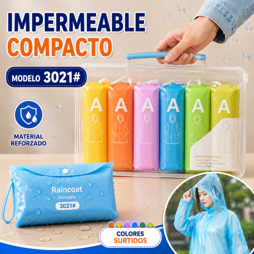 Impermeable compacto en estuche, colores surtidos y material reforzado. Ideal para llevar en bolso o mochila. Venta por mayoreo Impermeable compacto en estuche, colores surtidos y material reforzado. Ideal para llevar en bolso o mochila. Venta por mayoreo