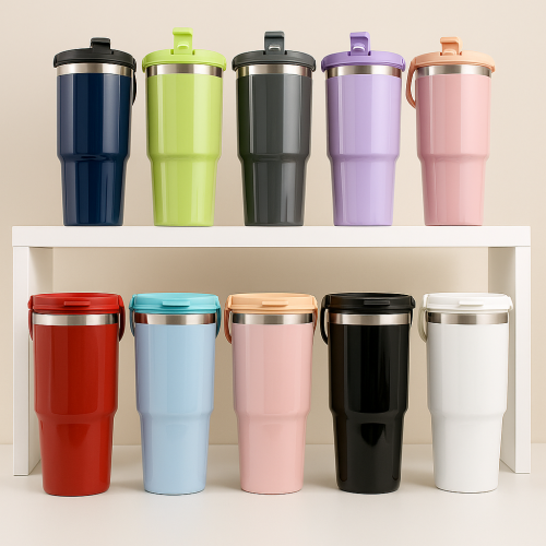 Termo de acero inoxidable 30oz con tapa y asa, colores surtidos mantiene bebidas frías o calientes, venta por mayoreo