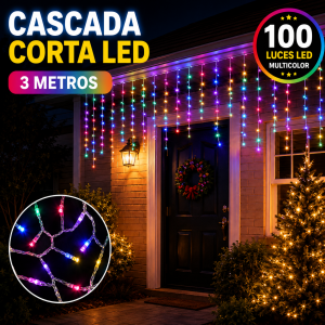 Cascada corta LED multicolor de 3 metros con 100 luces, ideal para decorar interiores, exteriores y espacios navideños. Venta por mayoreo