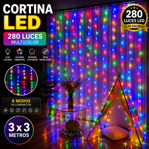 Cortina LED multicolor de 3 x 3 metros con 280 luces y 8 modos de iluminación, ideal para decorar interiores, exteriores y eventos. Venta por mayoreo