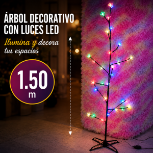 Árbol decorativo de 1.50 m con 40 focos LED multicolor y detalles en forma de flor, ideal para iluminar y decorar espacios interiores. Venta por mayoreo
