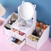 Tocador organizador de maquillaje con espejo redondo orejas de gato, cajones y compartimentos laterales, diseño compacto, venta al por mayor 290034 