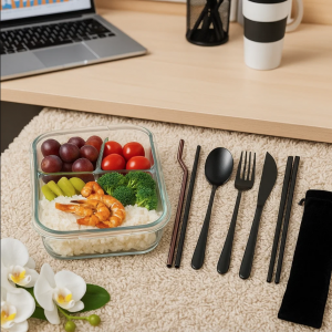 Set de cubiertos reutilizables de acero inoxidable con estuche tipo bolsa. Ideal para llevar al trabajo, escuela o viajes. Diseño moderno, resistente y ecológico. Venta al por mayor 3373