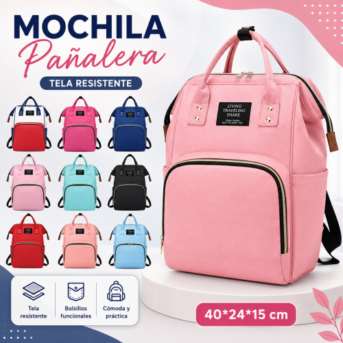 Mochila pañalera de tela con bolsillos funcionales, diseño cómodo y práctico. Medidas de 40 × 24 × 15 cm varios colores. Venta por mayoreo.