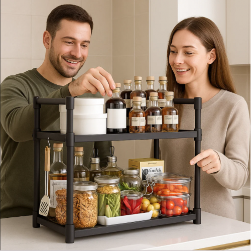 Organizador de cocina de 2 niveles para encimera, soporte compacto para especieros, botellas y utensilios, venta por mayoreo 34122-17