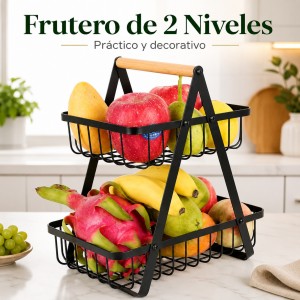 Frutero de 2 Niveles con Asa de Madera por Mayoreo