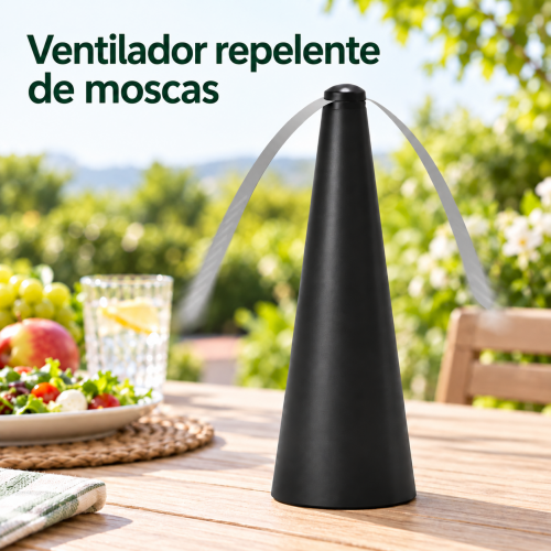 Ventilador repelente de moscas con dos aspas flexibles, ideal para proteger mesas y comidas al aire libre. Venta por mayoreo
