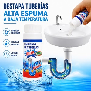Polvo destapacaños de 100g ideal para limpiar y destapar tuberías. Uso en cocina o baño. Venta por mayoreo